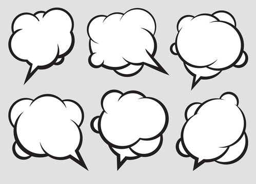Collection of comic style vector speech bubbles with white fill and thick border.