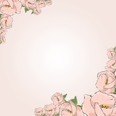 Floral Greeting Card with Blooming garden flowers. Frame of flowers.  Hand drawn vector illustration.