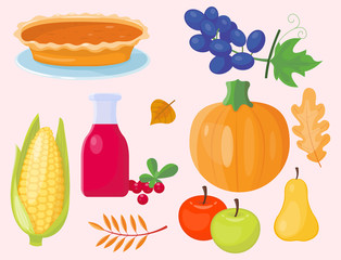 Colorful cartoon icons for thanksgiving day pumpkin holiday vector autumn design leaf season celebration