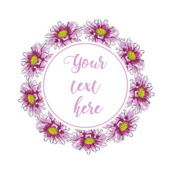 Floral Greeting Card with Blooming garden flowers. Wreath of flowers with white background.  Hand drawn vector illustration.