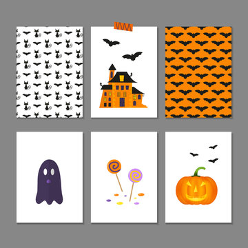 Set of 6 cute vector Halloween cards and patterns