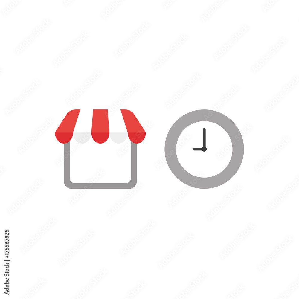 Poster flat design vector concept of shop or store with awning and clock time