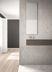 Bathroom close-up, marble wall and parquet floor, minimalistic architecture, white and gray interior design