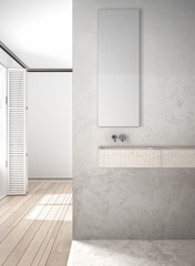 Unfinished project of bathroom close-up, marble wall and parquet floor, minimalistic architecture, white interior design