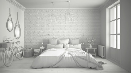Total white project of modern bedroom with cozy double bed, brick wall, wooden floor and big window, scandinavian minimalist architecture interior design