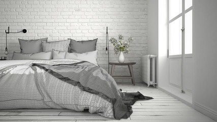 Unfinished project of modern bedroom with cozy double bed and brick wall, scandinavian minimalist architecture interior design, close-up