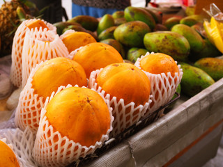 Fresh ripe yellow whole mango without peeled, packed in white polystyrene foam mesh for protection, stacked altogether with green raw ones, on Thai local fruit stall cart, perspective