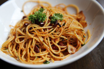 Spaghetti with chilli and garlic , spaghetti peperoncino , Italian food