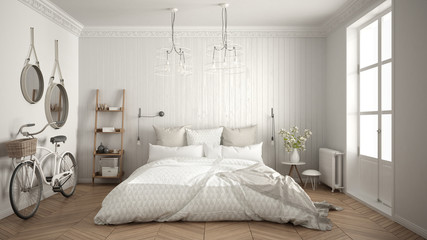 Scandinavian minimalist bedroom with big window and herringbone parquet, white interior design