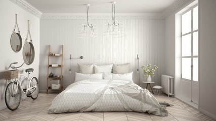 Scandinavian minimalist bedroom with big window and herringbone parquet, white interior design