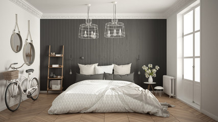 Scandinavian minimalist bedroom with big window and herringbone parquet, white and gray interior design