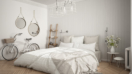Fototapeta na wymiar Blur background interior design, white and gray modern bedroom with cozy double bed, brick wall, wooden floor and big window, scandinavian minimalist architecture, close-up