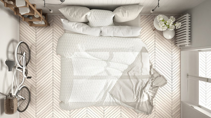 Scandinavian minimalist bedroom with big window and herringbone parquet, white interior design, top view