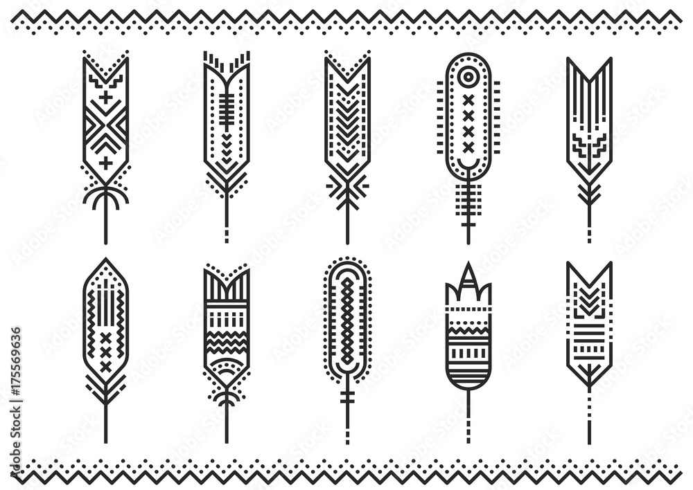 Poster vector set of linear stylized feathers with geometric pattern.