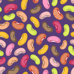 Vector seamless pattern of colored beans on blue background.