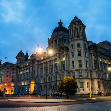 View of Liverpool, UK illuminated old buildings at night