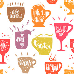 Vector hand drawn seamless pattern of silhouettes of mugs with names of hot drinks on white background. For cafe posters, menu design.