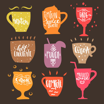 Fototapeta Vector set of hand drawn trendy cups with white lettering of hot drinks names on black background. For menu design, greeting cards, invitations, logotypes, posters.