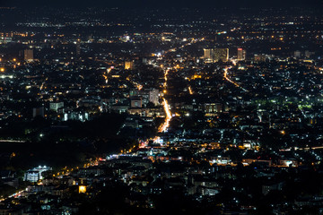 Fototapeta premium Panorama of the city from the viewpoint, Doi Suthep Chiangmai night view, Chiang Mai, Thailand