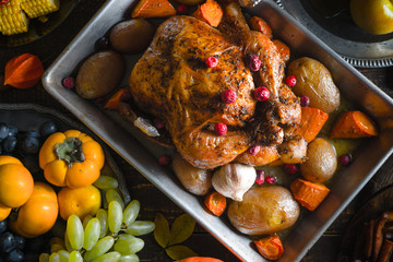 Thanksgiving turkey, vegetables and fruits close-up