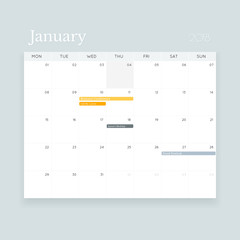 Minimalistic clean vector January 2018 event calendar template