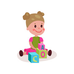 Cute little girl sitting on the floor playing with block toys, kid learning through fun and play colorful cartoon vector Illustration