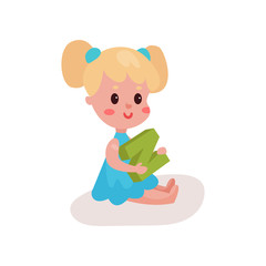 Obraz na płótnie Canvas Sweet blonde little girl sitting on the floor playing with letter N, kid learning through fun and play colorful cartoon vector Illustration