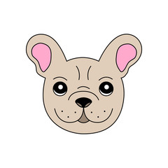 Cute light brown or beige French Bulldog vector illustration. Frenchie's head, face isolated on white background. Graphic print of Frenchie bulldog.