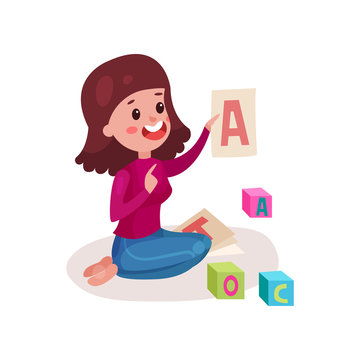 Smiling female teacher sitting on the floor showing letter A, woman teaching child the alphabet colorful cartoon vector Illustration