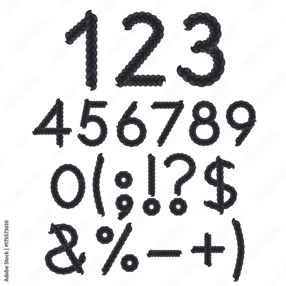 Poster numbers and signs of braids. isolated vector objects on white background.