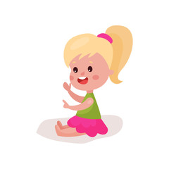 Cute blonde little girl sitting on the floor, kid learning and playing colorful cartoon vector Illustration