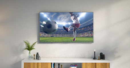 3D illustration of a living room led tv on white wall showing soccer game moment . © haizon