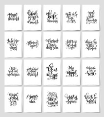 set of 20 black and white hand lettering magic quotes posters, inspirational positive phrase, calligraphy vector illustration collection
