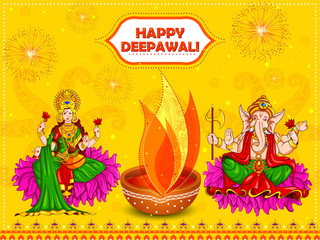 Goddess Lakshmi and Lord Ganesha for Happy Diwali festival holiday celebration of India greeting background