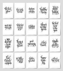 set of 20 black and white hand lettering magic quotes posters, inspirational positive phrase, calligraphy vector illustration collection