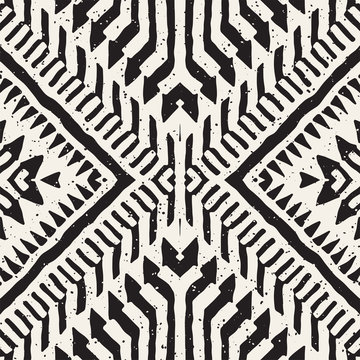 Black And White Tribal Vector Seamless Pattern With Doodle Elements. Aztec Abstract Art Print. Ethnic Ornamental Hand Drawn Backdrop.