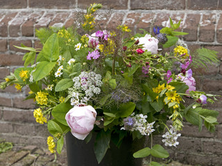Peony bouquet in a bucket in the garden