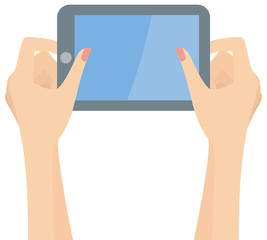 Two woman hands holding a tablet and using it