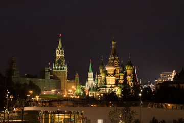 Fototapeta na wymiar Beautiful View On At Night Moscow Kremlin And St. Basil's Cathedral Autumn Night.