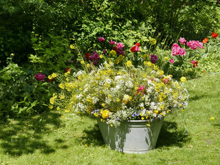 roadflower bouquets in a vintage tin bin in the garden