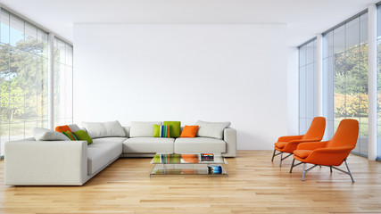 Modern bright living room, white wall. 3D rendering illustration