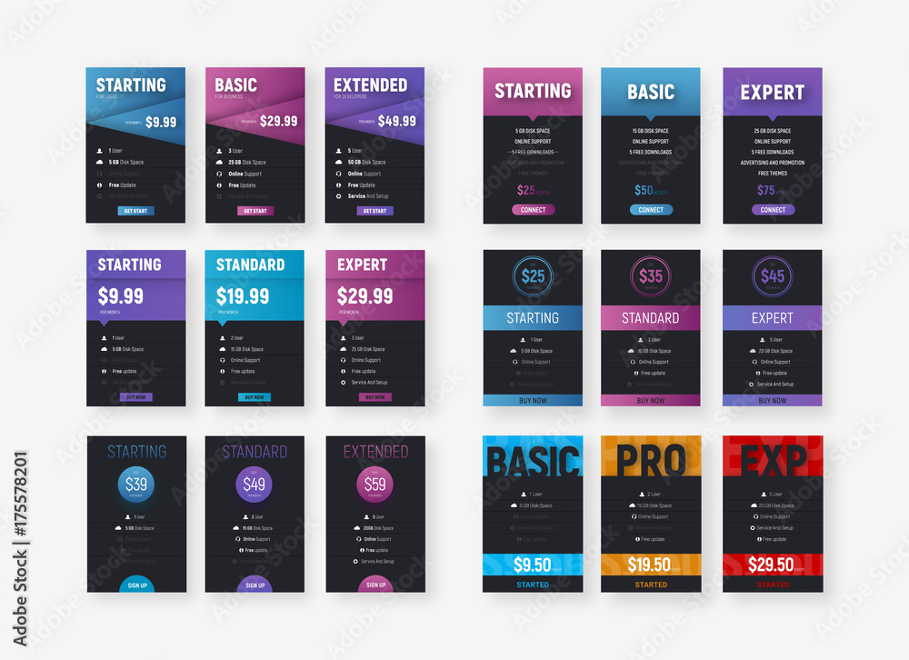 Poster Set of vector price tables for web sites.
