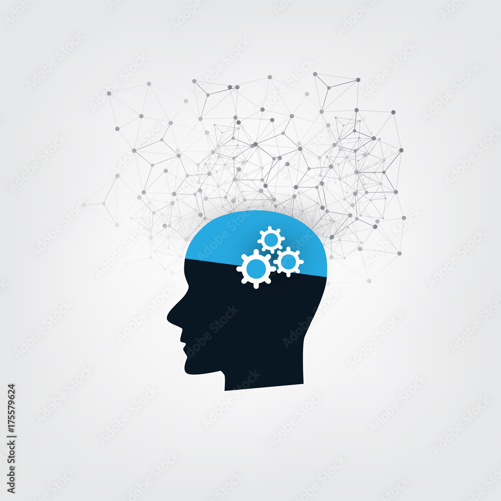 Poster machine learning, artificial intelligence and networks design concept with network mesh and human he