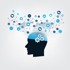 Machine Learning, Artificial Intelligence and Networks Design Concept with Icons and Human Head