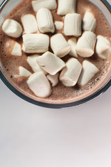 Fototapeta na wymiar cocoa with marshmallow, view from above, the place for advertising is left