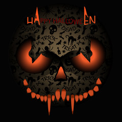 Happy Halloween Monster mask with spider,bat,bones,ghost.Halloween poster , greeting card ,background,flyer,sticker, menu.Vector Illustration. Halloween Party Invitation Design. Typographic Template.