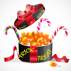 Happy Halloween Lollipops,candy corn collection in a gift box.Candy on a stick with twisted vector design.Halloween Themed text : Scary Dead, Trick Or Treat.Halloween Beautiful candy gift box 