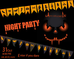 Happy Halloween banner,flags,garland,Monster mask,spider,bat,bones,ghost.Halloween poster,greeting card,background,menu.Vector Illustration.Halloween Party Invitation Design.Typographic Template.