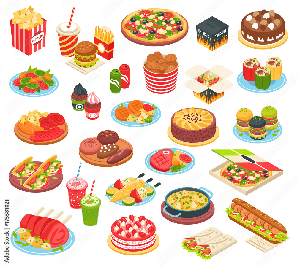 Wall mural fast food isometric set