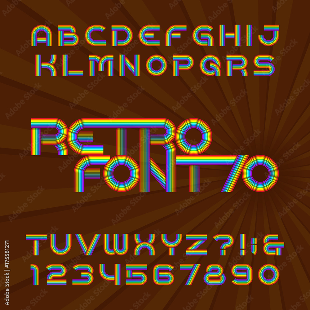 Fototapete retro stripe alphabet font. funky type letters and numbers in 70's style. vector typeface for your h
